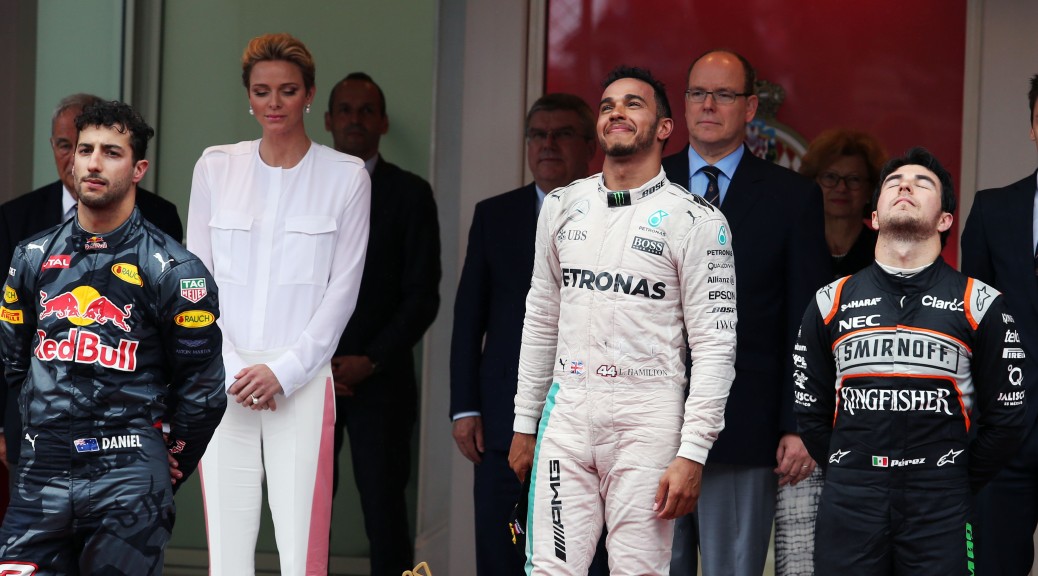 Monaco Grand Prix Podium (Ricciardo left, Hamilton centre, Perez right). Copyright of Force India.